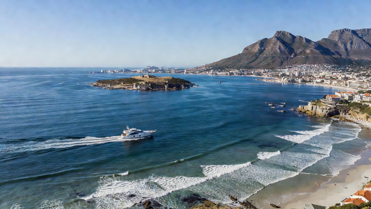 Yacht sailing along Cape Town coast in summer
