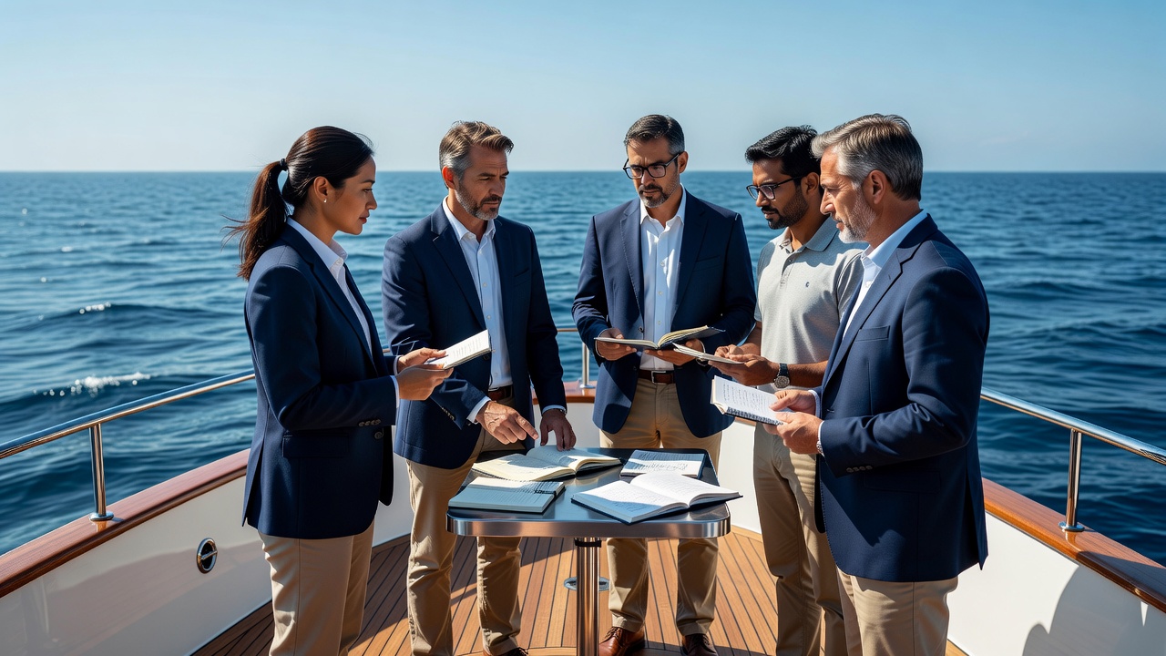 Business team networking on yacht deck