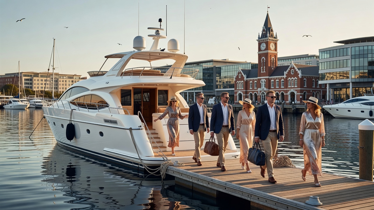 Guests disembarking yacht at Cape Town marina