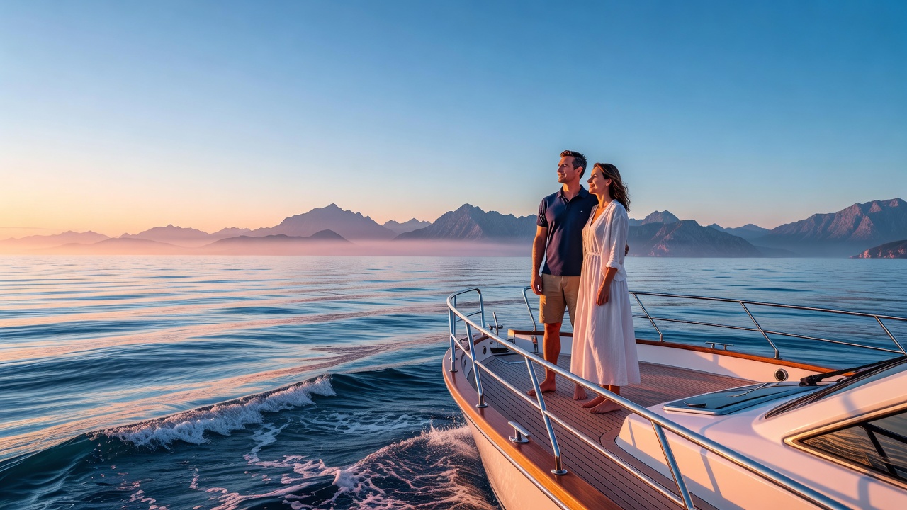 Couple on yacht deck at sunrise