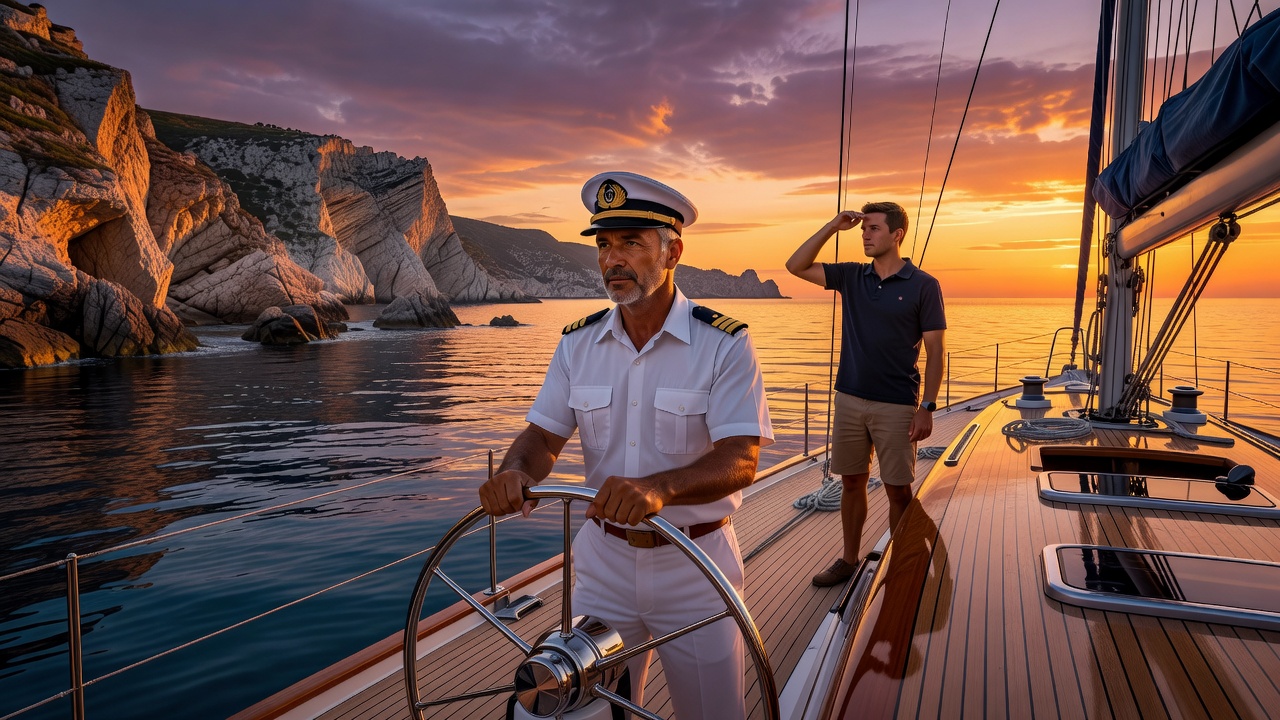 Captain navigating yacht near Cape Town cliffs