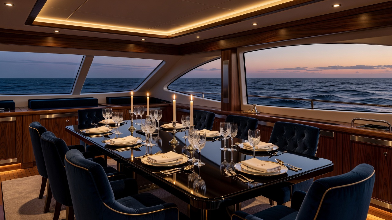 Elegant dining setup inside private yacht