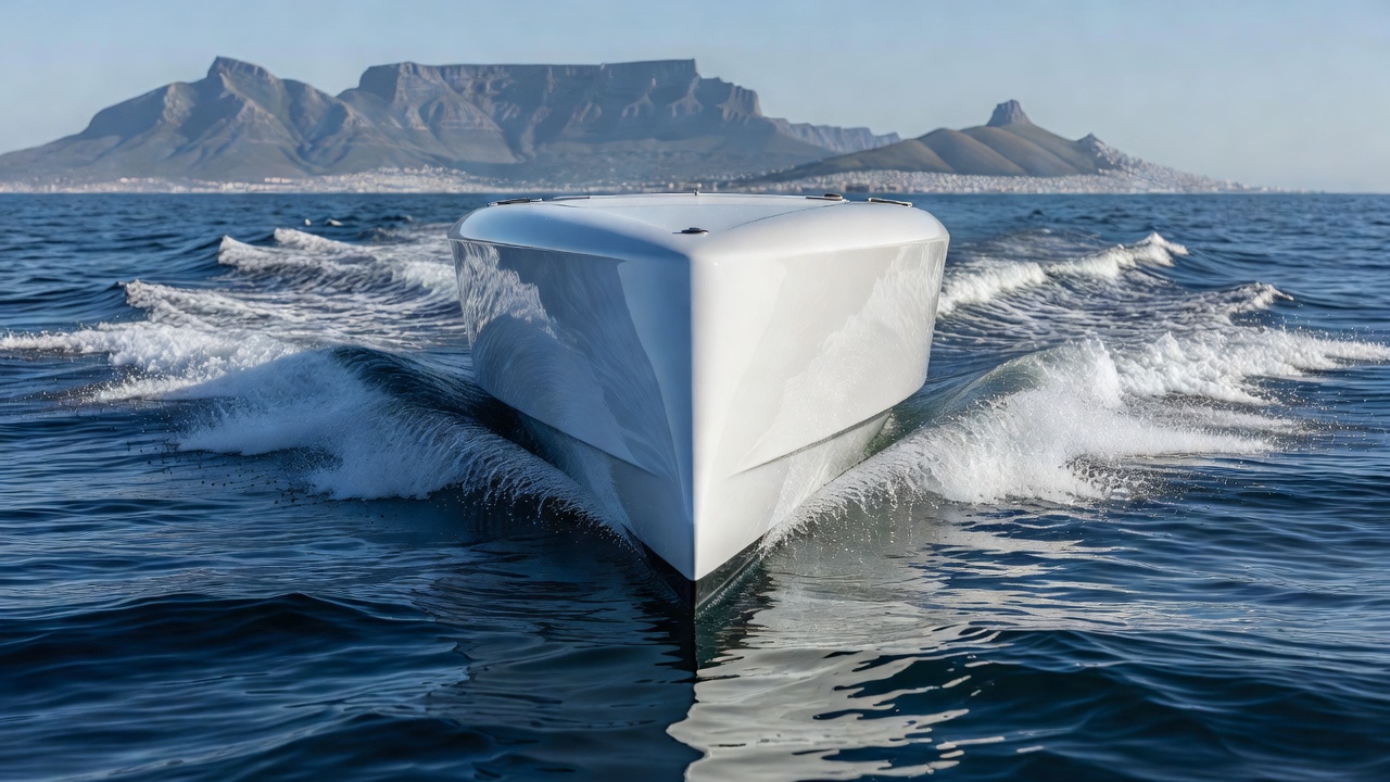 Catamaran hull detail on the water